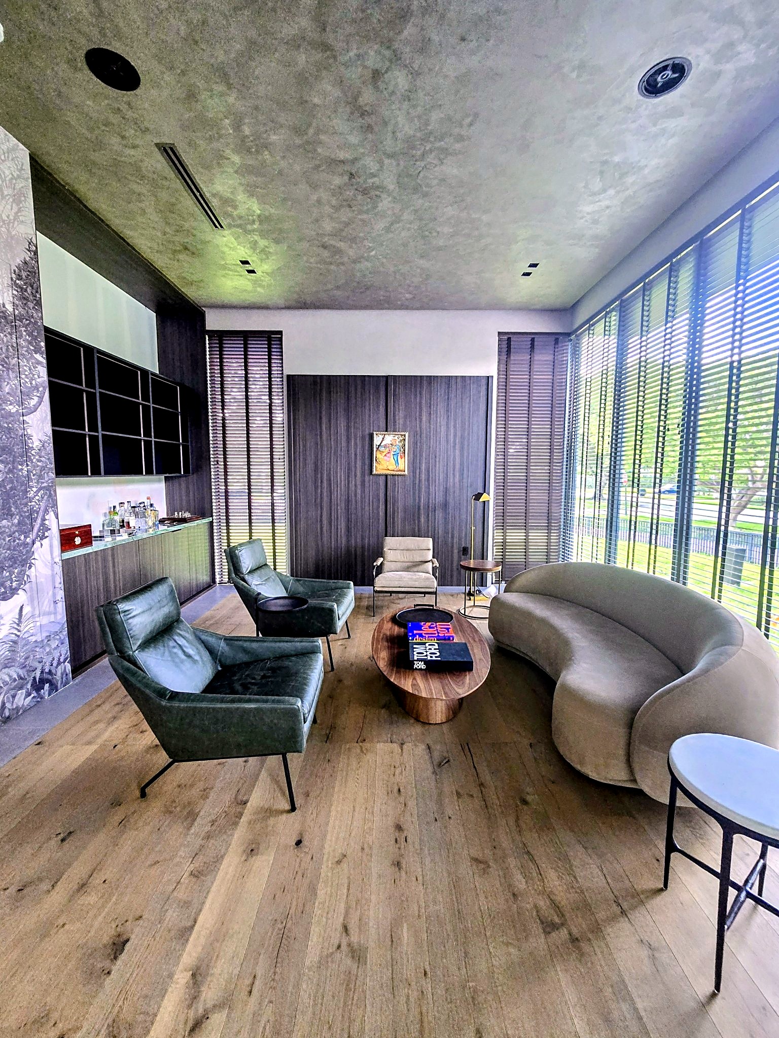 Living room ceiling with a hand-finished Venetian plaster texture