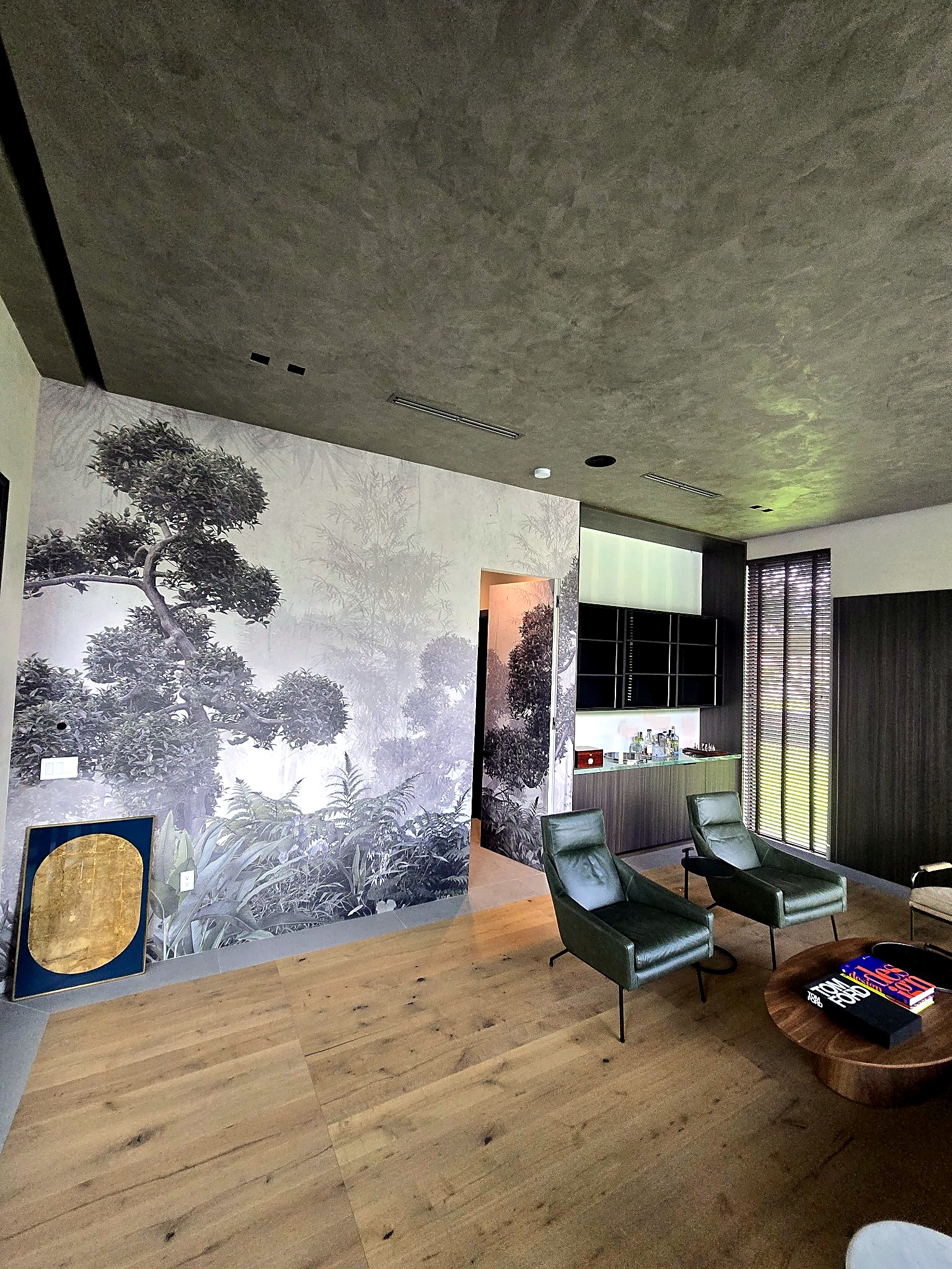 Office ceiling finished in softly mottled Venetian plaster