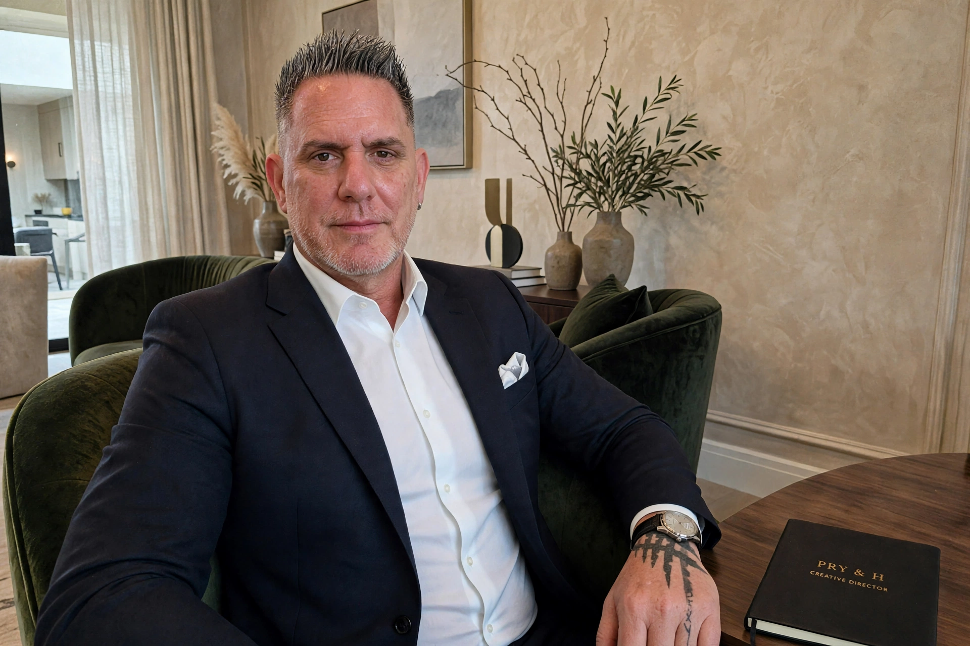 Portrait of Hernán Veira, founder and creative director of Pry & H, seated in a South Florida interior with hand-finished textured walls
