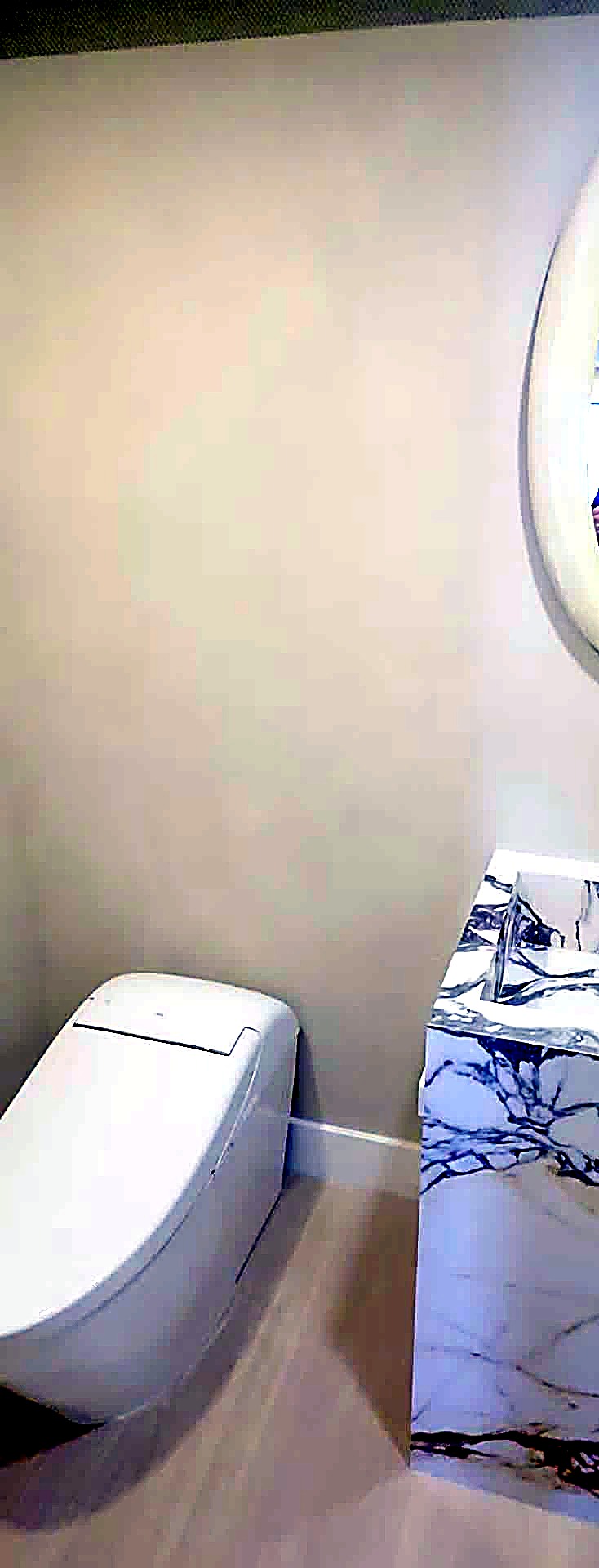 Powder room with marble pedestal and hand-applied limewash walls